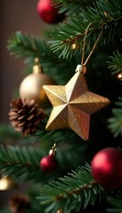Fototapeta premium Gold star ornament sparkles on festive pine cone adorned Christmas wreath , gold, glitter, christmas
