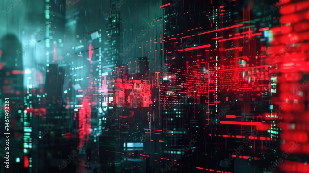 Poster digital tunnel with bright light and vibrant colorful pixels. technology and sci-fi concept for wall
