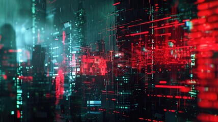 Obraz premium Digital tunnel with bright light and vibrant colorful pixels. Technology and sci-fi concept for wallpaper, banner. Abstract image of glitch effect with red and white color with dark background. AIG53.