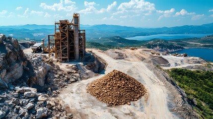 An aerial drone photograph of an active mining extracting yttrium ore from a remote rugged landscape of mountains and hills