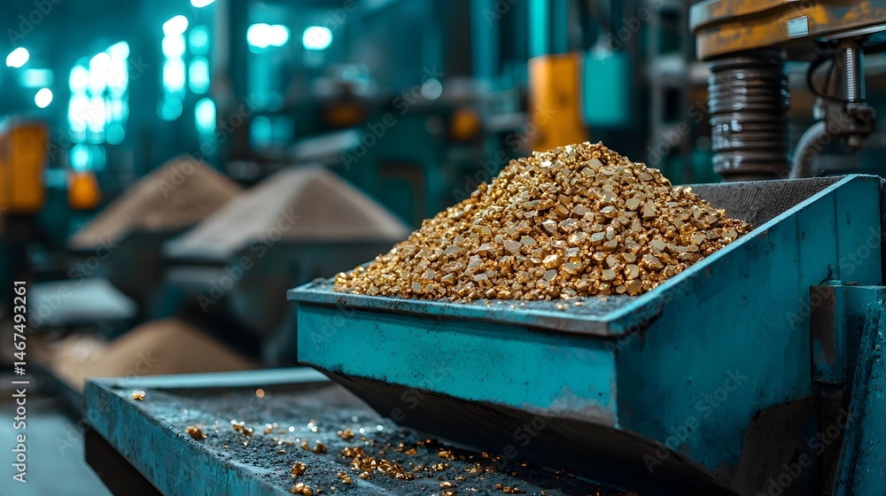 Poster photograph showing an industrial scale mineral sorting and processing line with large piles of sorte