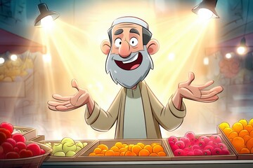 Cheerful elderly man sells fresh fruit in vibrant market under bright lights