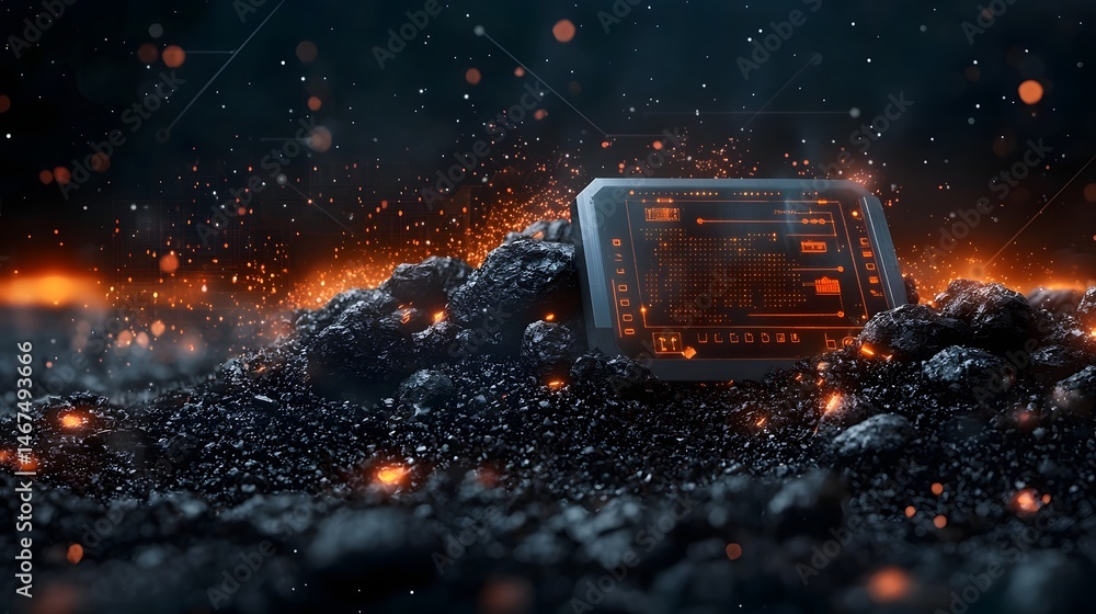 Poster futuristic image depicting a glowing digital interface or control panel hovering above a rugged indu