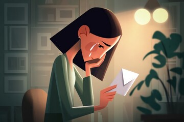Emotional farewell is expressed by a crying woman in soft indoor lighting holding a letter