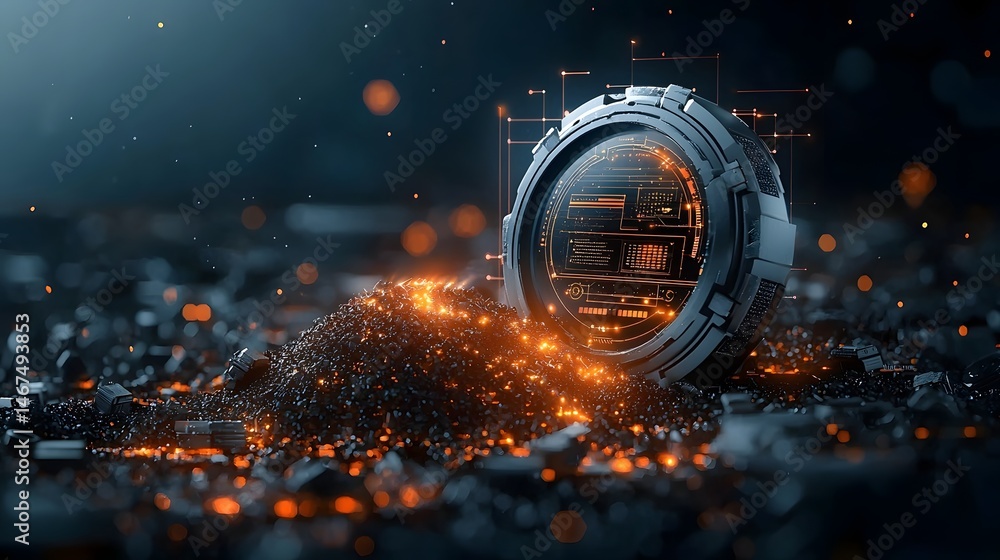 Poster a futuristic image depicting a luminous digital interface hovering above a pile of yttrium ore in an