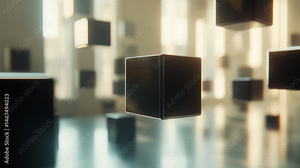 Poster abstract composition of floating dark cubes with soft lighting and reflections