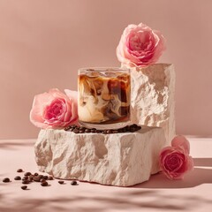 Delicious iced coffee with cream and roses stylish home setting beverage photography natural light aesthetic concept
