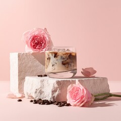 Refreshing iced coffee with roses minimalistic setting drink photography soft pink background aesthetic composition
