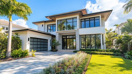 Stunning modern luxury house exterior with lush landscaping in residential area