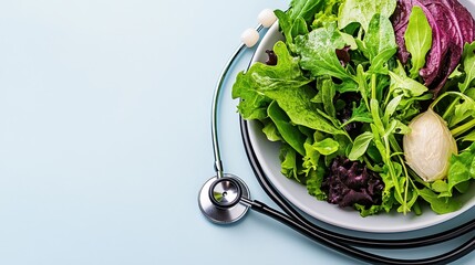 Overhead View of Fresh Salad in Bowl with Stethoscope on Light Blue Backdrop