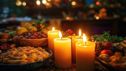 A festive dining table is illuminated by the warm glow of a silver menorah holding nine lit candles,
