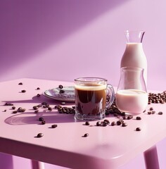 Coffee and milk drinks on pink table modern still life photography cozy indoor environment