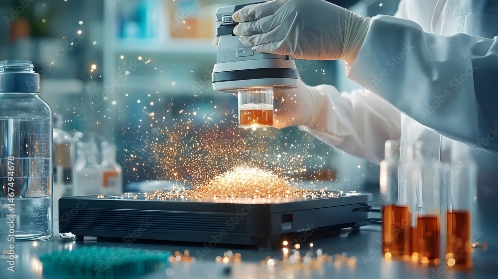 Aufkleber a scientist in a laboratory using advanced scanning equipment to analyze a sample with a holographic