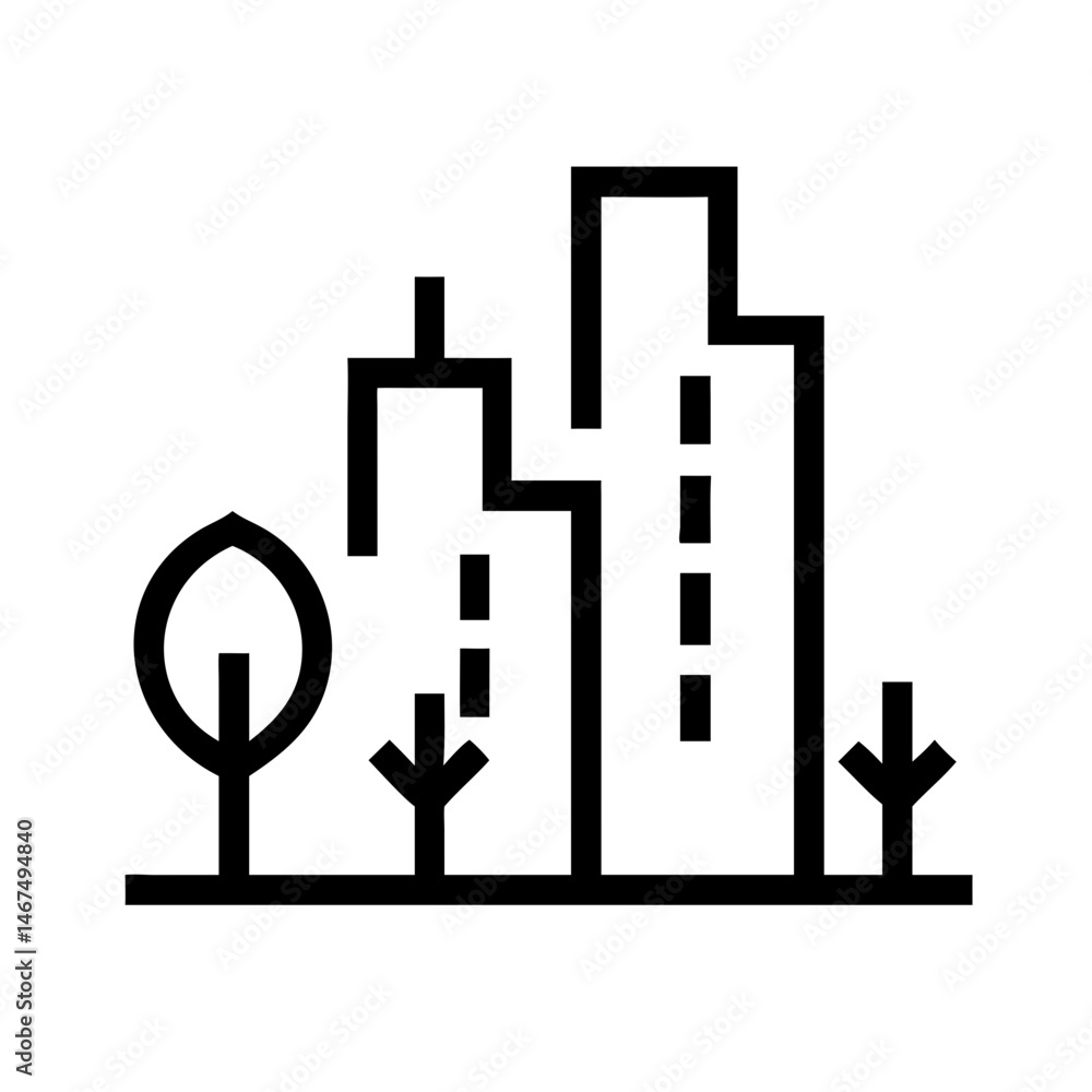 Poster cityscape with trees silhouette on transparent background for web and graphic design
