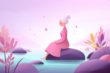 Elderly Latina woman practicing meditation by a serene lake in light pastel colors