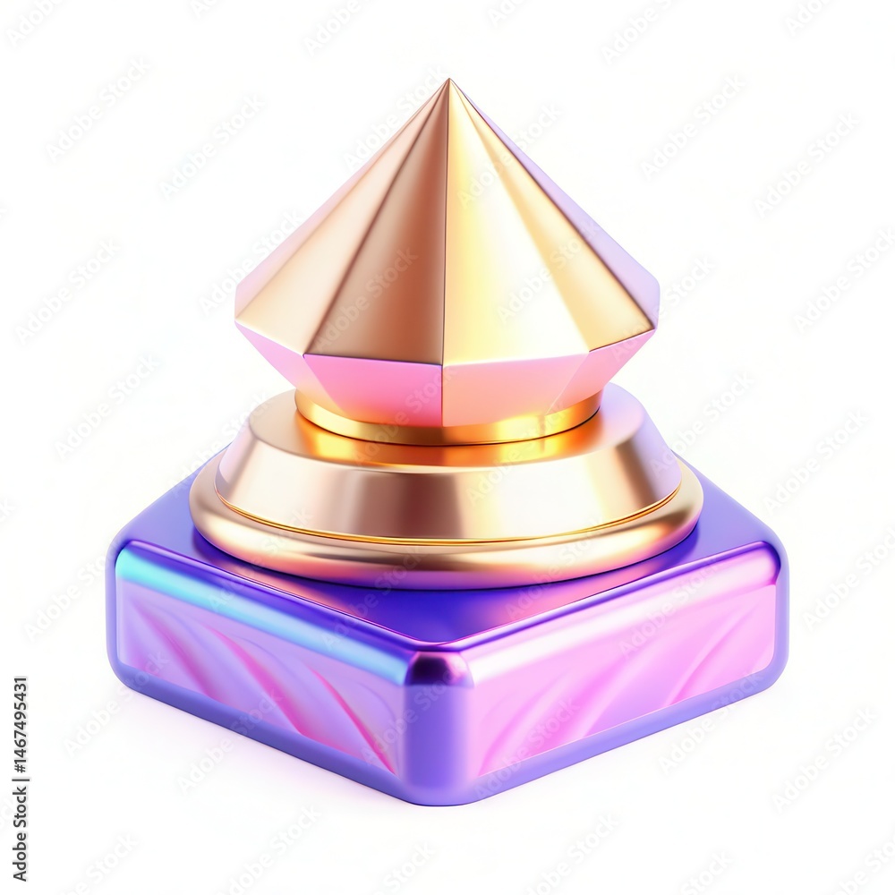 Poster a colorful geometric design featuring a shiny pyramid atop a hexagonal base with vibrant textures.
