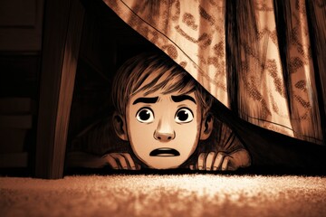 Scared young boy hiding under the bed in a dimly lit room with comic style drawing