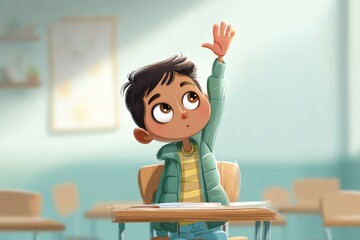 Shy South Asian boy raising his hand in a light classroom setting during a lesson