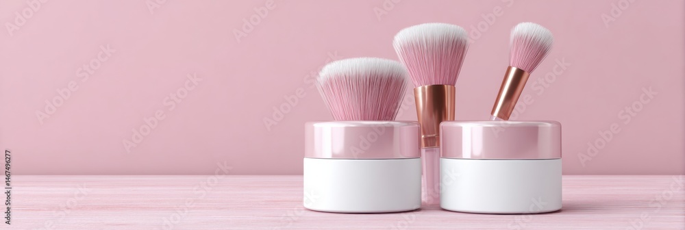Poster elegant cosmetic jars with brushes arranged on a soft pink flat surface, creating a charming display