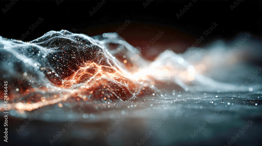 Poster soft-focus abstract waves of glowing digital particles flowing across a dark background, visualizing