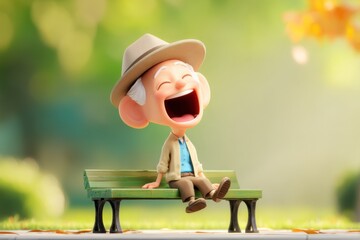 Elderly Asian man enjoys sunny day laughing heartily on park bench
