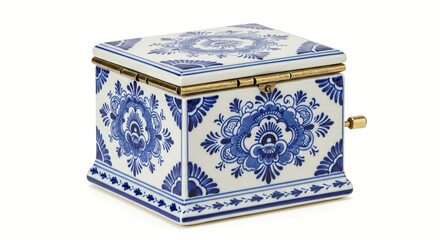 Elegant square music box with intricate floral patterns in blue and white, featuring a gold-toned winding mechanism.