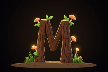 Fantasy forest themed Latin alphabet letters made of tree trunks and glowing mushrooms in 3D model