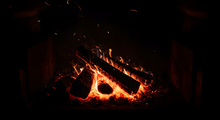 Fire Burning Brightly in Fireplace with Glowing Embers
