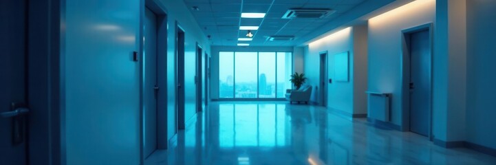 Soft focus office interior, exit doors, blue hue,  entrance,  building
