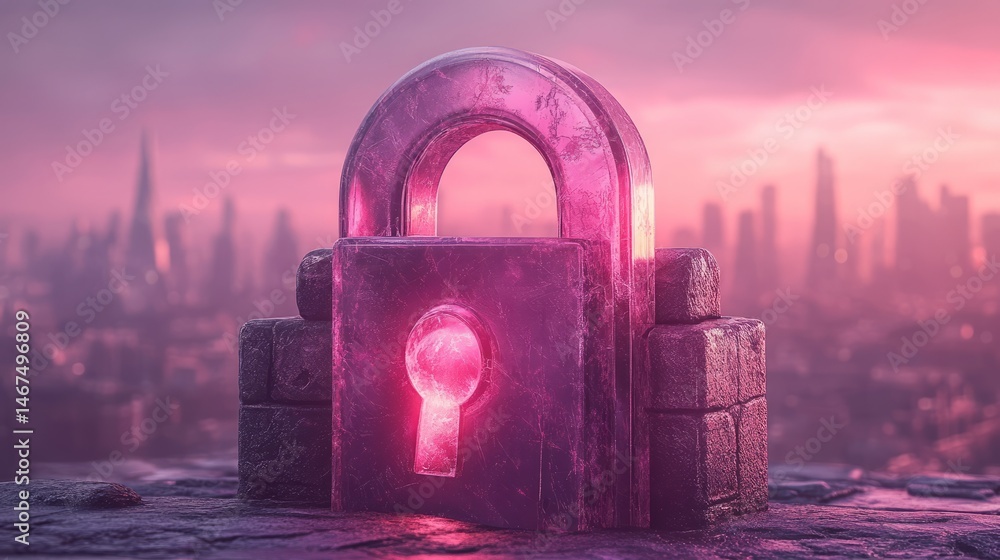 Poster digital security: a surreal view of a glowing lock atop a building in a modern cityscape, highlighti