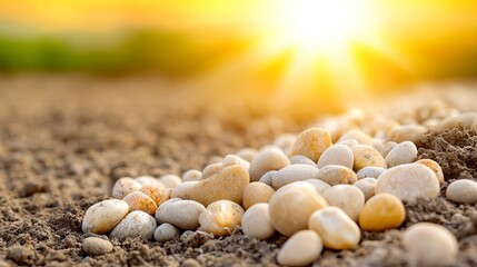 Sunlit Pebbles on Soil Surface with Bokeh Background Effect