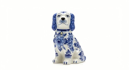Elegant ceramic dog figurine, painted in blue and white floral patterns, on a clean white background. Decorative interior object.