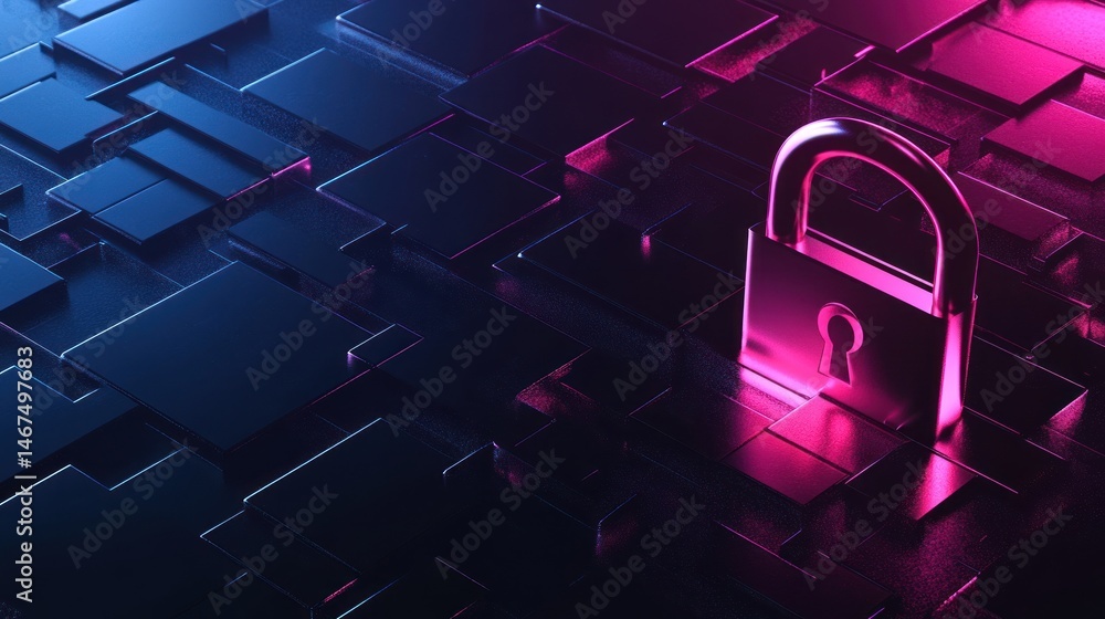 Poster digital lock symbolizing cybersecurity on abstract background