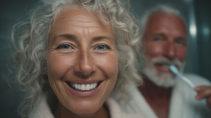 Senior woman smiling during morning hygiene routine in the bathroom