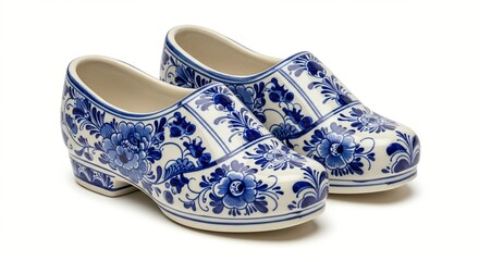 Delicate ceramic clogs with blue floral motifs, artistic decorative design, cultural artistry, unique craftsmanship, and traditional charm.