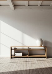 Serene Interior: Minimalist Wood Furniture and White Walls with Natural Light Display