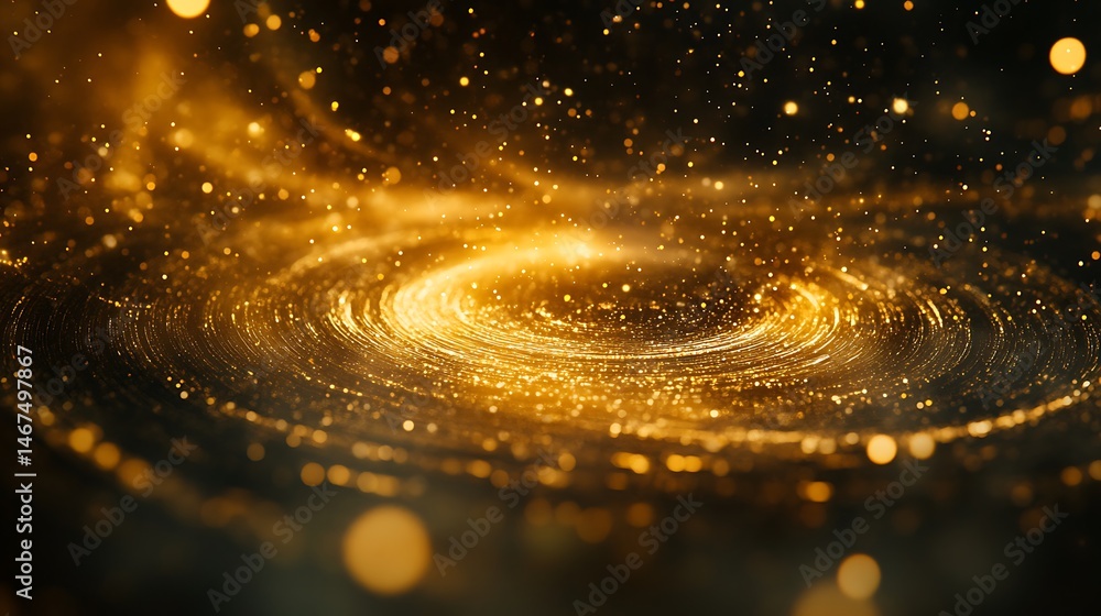 Poster golden cosmic spiral of light with shimmering particles in deep space rendering