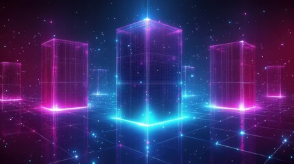 Obraz premium Futuristic cyberpunk city with neon glow and digital data stream for virtual reality landscapes or scifi gaming environments