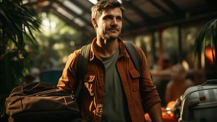 A traveler with an adventurous spirit enjoys the lush greenery of a lively garden. The warm sunlight highlights his content smile as he prepares for the next exploration