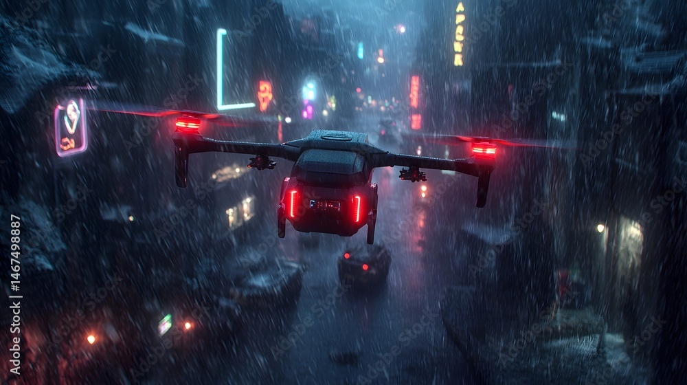 Poster aerial view of autonomous drones navigating through a vast neon illuminated city skyline during a ra