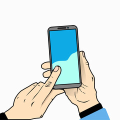 A clean vector illustration of a hand holding a smartphone. Suitable for tech, communication, and digital lifestyle themes