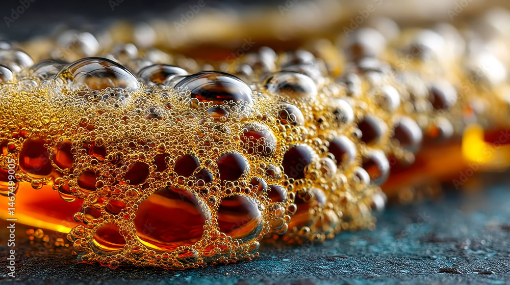 Poster golden bubbles and turquoise liquid create a sparkling, dynamic splash, highlighting textures and fl