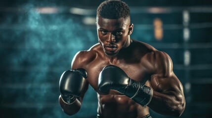 Intense boxer preparing for a fight in a dimly lit gym