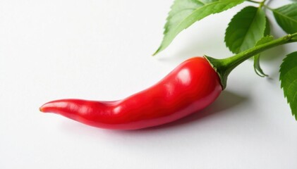 Vibrant red chili pepper, green stem, white background, natural light, shiny, spice, healthy