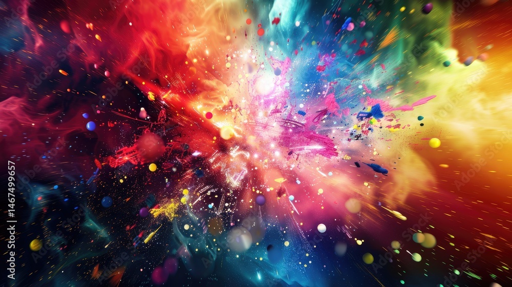 Poster abstract explosion with bright particles and dynamic motion. digital art for design with vibrant col