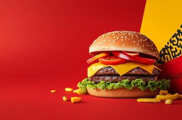 American Burger Day Banner Template Design With Special Offer And Burger Photo, , Red Background Color, Yellow Black White Gray Palette, Hyper Realistic.Jpeg