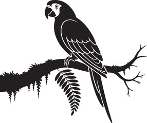 Obraz premium Tropical Parrot Silhouette on Branch with Fern for Exotic Bird Art Design