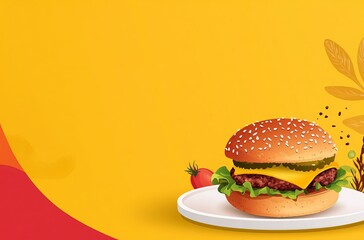 American Burger Day Banner Template With Yellow And Red Color Scheme, Showcasing Delicious Juicy Burger On Plate.Jpeg
