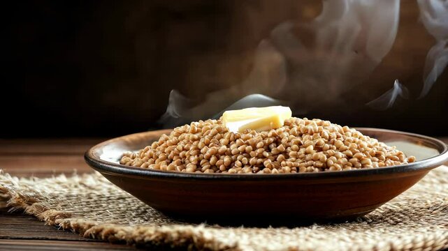 Hot steaming buckwheat porridge with a piece of melting butter served in a rustic ceramic bowl on a wooden table.