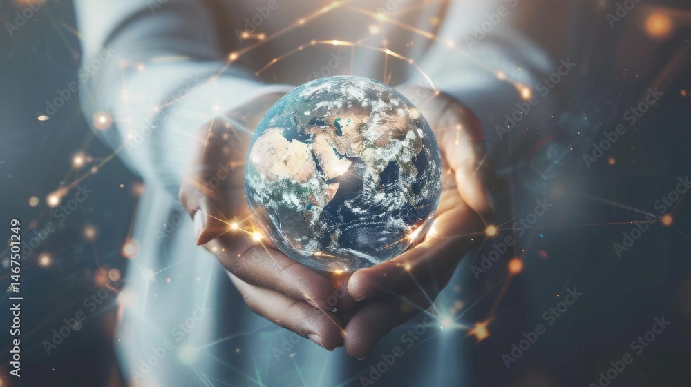 Poster hand holding digital representation of earth with glowing connections. close up of business man hand